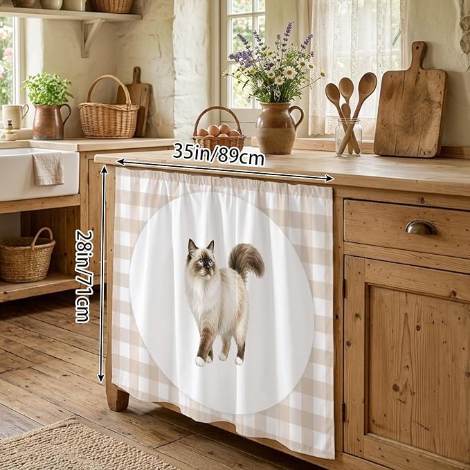 Ragdoll Cat Oven Skirt Curtain for Kitchen Decor 28"x35", Modern Linen Plaid Farmhouse Pet Cats Self Adhesive Stove Curtains Skirt Cabinet Curtains for Bathroom Laundry Room