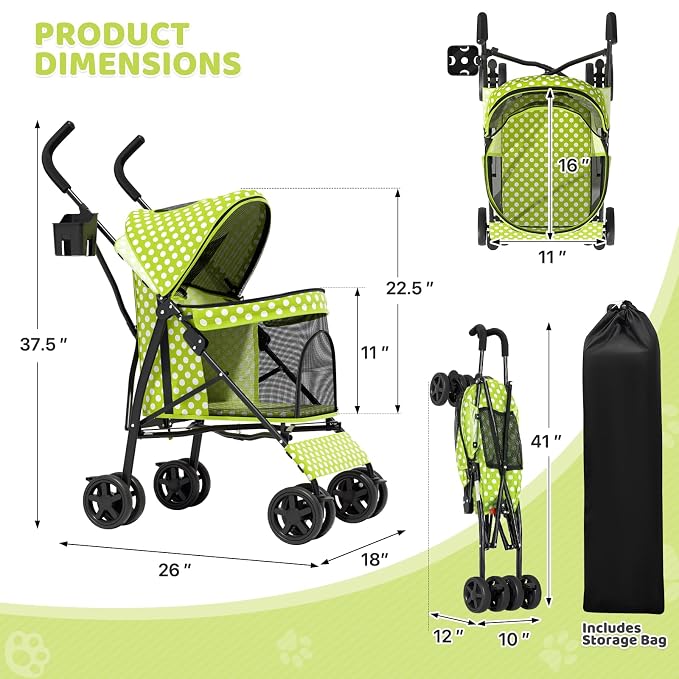 Magshion Compact Fold Pet Travel Stroller for Small Dogs Cats, Lawn Green | Up to 22lbs, 4-Wheel Lightweight Umbrella Shaped Design, Safety Tethers, Breathable Mesh, Cup Holder & Rear Storage