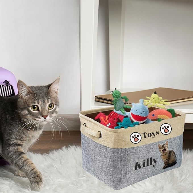 Personalized Dog Toy Storage Basket with Pet Name - Custom Collapsible Puppy Bin, Durable Fabric Toy Box for Dogs & Cats, Sturdy Handles for Home Organization