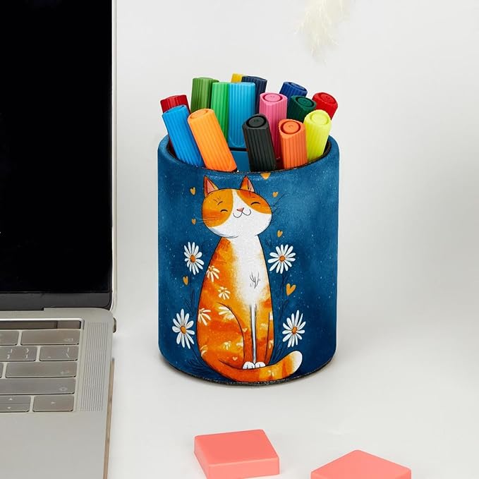 Faux Leather Pen Holder for Desk, Pencil Organizer Cute Cat Pen Cup Desk Decor Makeup Brush Holder Storage for Office Home