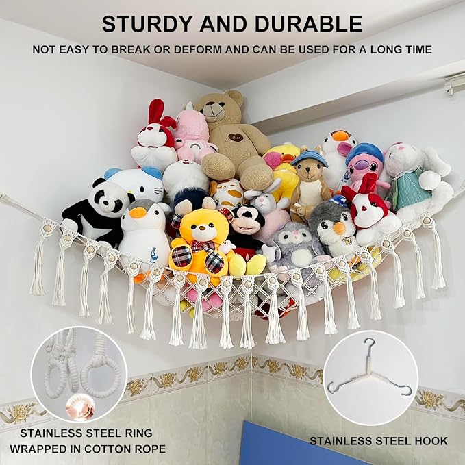Large Stuffed Animal Net or Hammock, Boho Macrame Toy Hammock with LED Lights, Decorate Room Space Saving Pet Net for Stuffed Animals, Suitable for Nursery, Playroom, Kids Bedroom