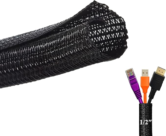 1/2" Split Cable Sleeves, Heavy Duty Wire Cover Cable Sheath to Hide Cords | Black 10ft Reusable Wire Organizer Flexible Abrasion Resistance Wire Loom Wrap for Car Desk Computer Pet Chew Protection