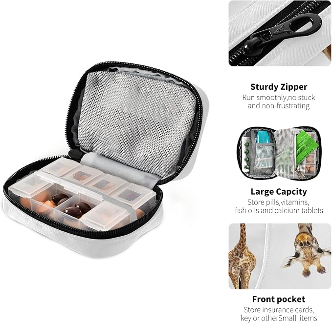 Funny Giraffe Pill Box 7 Day Pill Case Travel Pill Organizer Bag with Zipper Portable Weekly Case Compact Size for Vitamin Supplement Holder