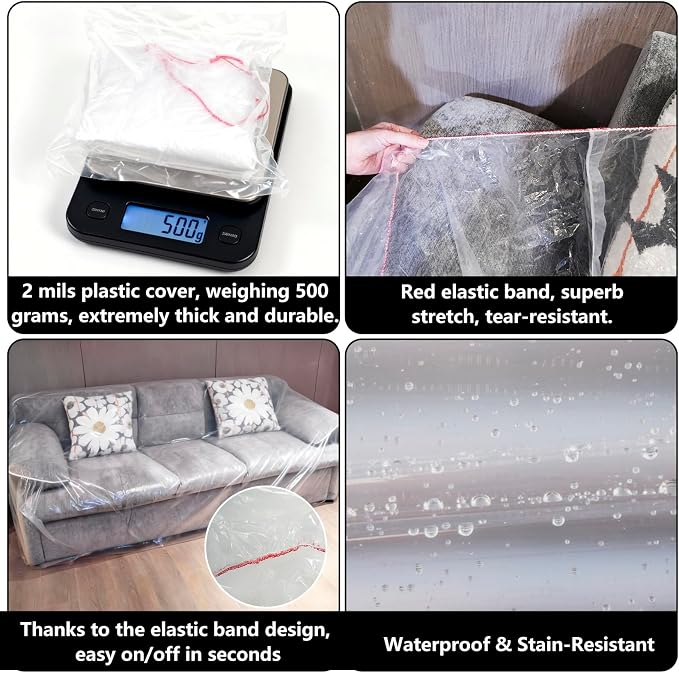 2 Pack Plastic Couch Cover Chair Cover with Elastic Band, Clear Furniture Cover Sofa Cover Recliner Cover Protector for Moving and Storage, Waterproof Moving Bags for Couch Slipcover