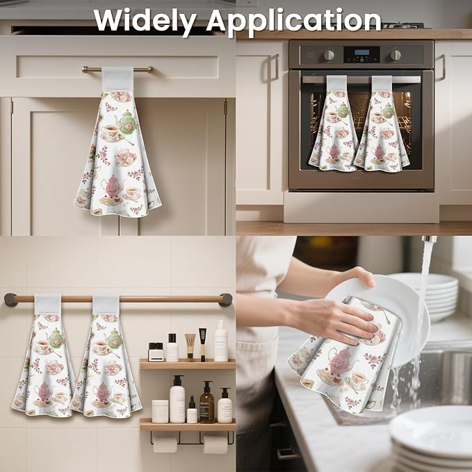 CUTHOLLOW Retro Teacup Hanging Kitchen Towels with Loop, Set of 2 - Soft & Super Absorbent Microfiber Decorative Hanging Dish & Hand Towel, Tea, Coffee Towel for Kitchen Bathroom Oven Handle