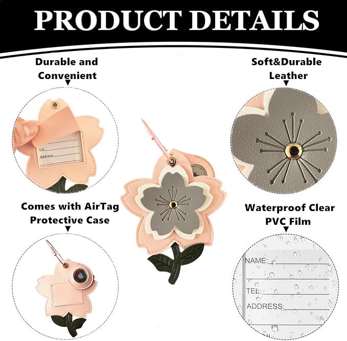 PU Leather Luggage Tag with Airtag Holder Case Set and Name ID Label | Hidden Compartment for AirTag Travel Suitcase Tracking Case with Stainless Steel Loop,Cute Fruit Plant Animals Styles,sakura