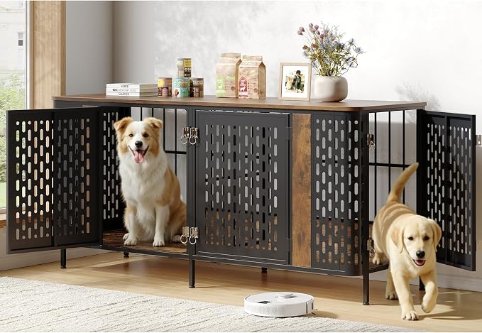 71” Double Dog Crate Furniture, Large Dog Kennel Furniture | 350 lb Weight Capacity, for 2 Dog, TV Stand, Removable Divider, Indoor Use, Heavy Duty Wooden Dog Cage