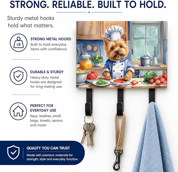 Caroline's Treasures Norwich Terrier The Chef Leash or Key Holder Wall Hooks, Key Hooks Holder, Coat Rack Wall Mount, Coat Hooks, Hooks for Hanging Keys, Towels, Aprons, Leashes | Norwich Terrier The Chef artwork on ceramic tile with three steel hooks ...