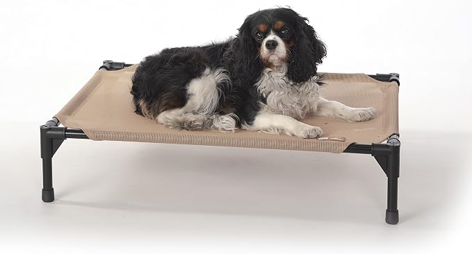 K&H Outdoor Elevated Dog Bed, Cooling Raised Dog Bed, Medium 32x25in, Tan | Pet Cot for Small & Medium Pets, Breathable Mesh 360 Hammock Design, Indoor/Outdoor Washable Cover, Portable Metal Frame