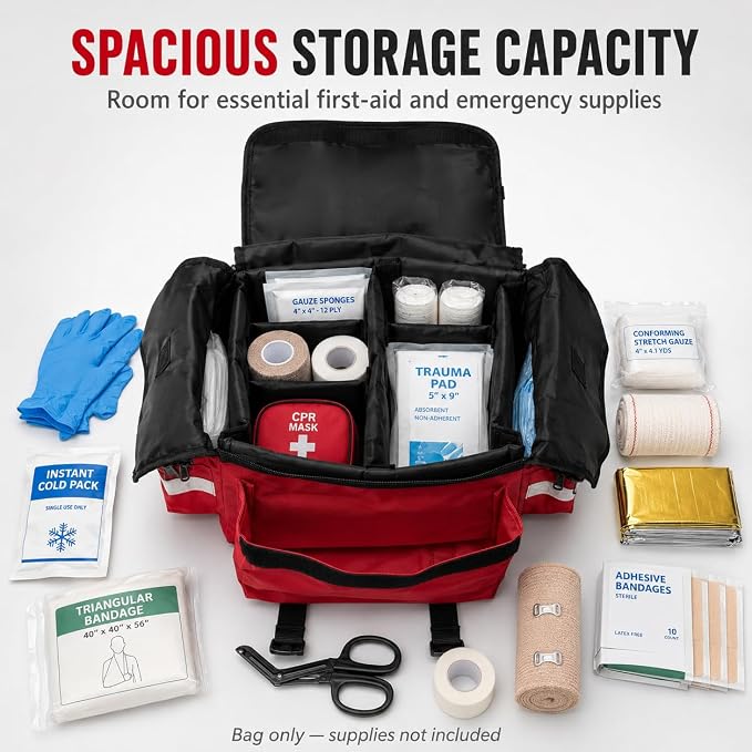 NOVAMEDIC NM-RO63P Professional First Responder Bag, 17” x 9” x 7” Empty EMT Trauma Kit Carrier with Removable Dividers, Reflective Strips, Water-Resistant Base for Emergency Medical Supplies (Red)