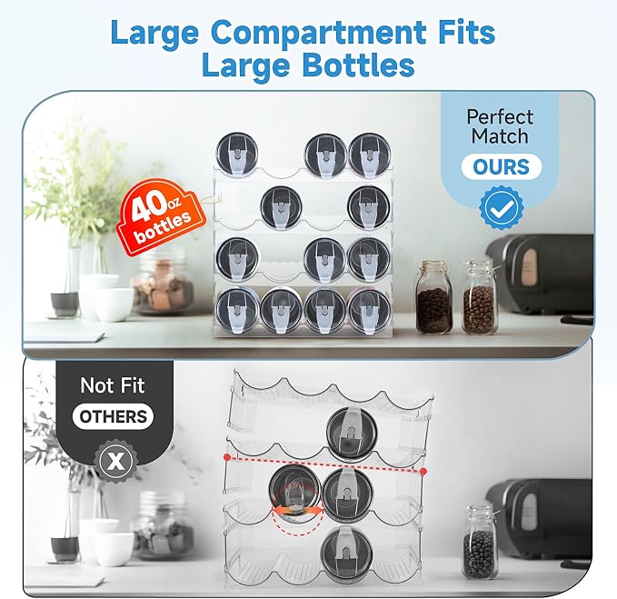 Amaoot Large Compartment Stackable Water Bottle Organizer for Cabinet | 4 Tier Clear Water Bottle Storage Rack,Tumbler Storage Organizer for Kitchen,Fridge,Cabinet Organization and Storage