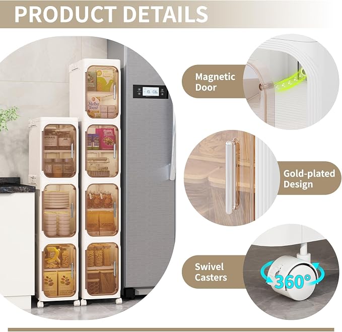3 Tier Slim Bathroom Storage Cabinet, Foldable and Movable, Beige | Tools Free, ABS and PET, Magnetic Clear Door, Adjustable Shelves, Lockable Wheels, Water Resistant, For Narrow Space
