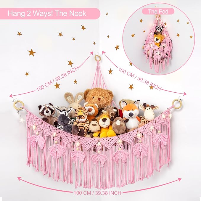 Macrame Stuffed Animal Storage with Star Light, Corner Hammock for Nursery | Corner Hanging Stuffed Animal Net Organizer for Girls' Room, Plushies Toy Wall Hanging Display Holder, Kid Gift