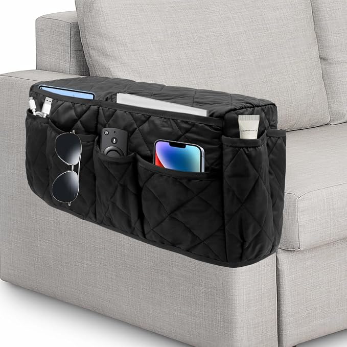 Remote Control Holder, Non Slip Bedside Armchair Caddy, Recliner Arm Caddy Armrest Organizer with 14 Pockets for Cell Phone TV Remote Control Magazines, Black