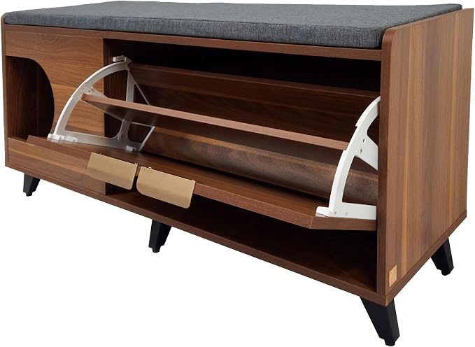 4 Cats & Dogs Tucker Shoe Cabinet – Multi-Functional Crate with Cushioned Bench Seat, Pet Nook & Hidden Cat Litter Box Storage, Modern Hallway Furniture 43” x 14” x 20”- Walnut