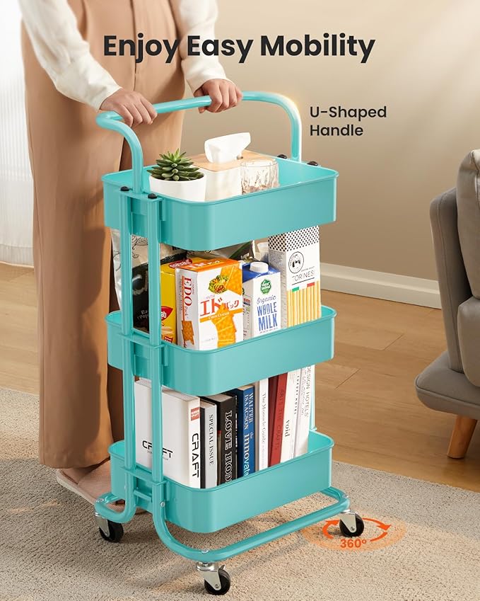 Pipishell Metal 3 Tier Rolling Cart with Handle & Wheels, Turquoise | Four Large 2" Wheels for Easier Movement, Sturdy Metal, Hold 22 lbs per Shelf, Ventilated Mesh Design, for Office and Kitchen
