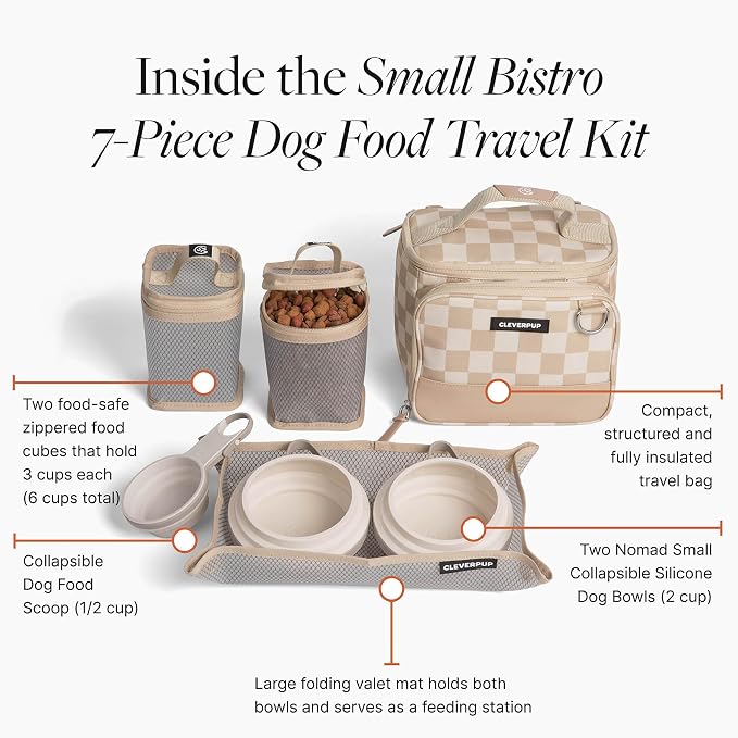 Small 7-Piece Bistro Box Dog Food Travel Kit, 6-Cup BPA-Free Kibble Storage, 2 Silicone Bowls, Mat & Scoop - Portable Pet Food Kit for Weekends, Overnights, Daycare & Camping, Checkerboard