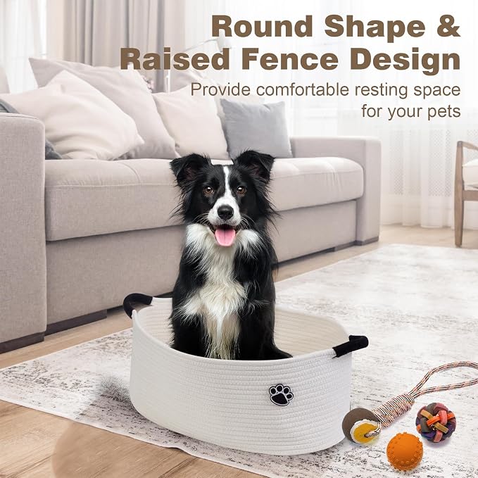 Optish 25L Dog Toy Basket,16.5" x 11" x 9" Medium Toy Storage Box and Bin with Handles, Woven Rope Foldable Basket for Blankets, Living Room, Bedroom, Home Decor, White