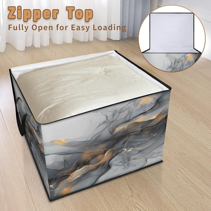 Gold Black Marble Large Storage Bags, Fabric Bed Storage Containers, Foldable Closet Organizers for Blanket, Clothing, Comforter, Bedding, Black Grey Modern Abstract