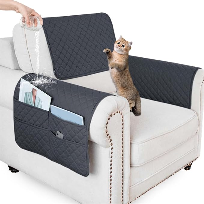 Large Polyester Armrest and Headrest Covers with 2 Pockets | Soft, smooth polyester resists daily wear nonslip silicone backing helps shield recliners and sofas from pet scratches