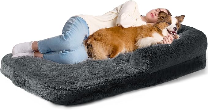 EHEYCIGA Foldable XXL Dog Bed for Large Sized Dog - 54x38x7.5, Dark Grey | Faux Fur Fluffy Pet Couch Bed, Orthopedic Calming Memory Foam Big Pet Bed, Washable Pet Sofa Bed with Non-Slip Bottom