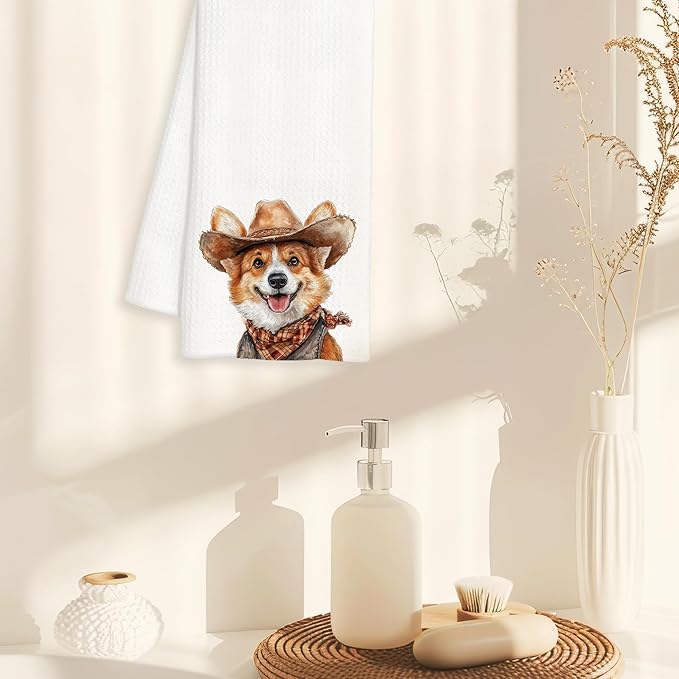Western Corgi Dog Gifts Kitchen Towels Decorative - Gifts for Corgi Lovers Dish Tea Towels for Kitchen Drying, Cowboy Hat Dog Hand Towels for Bathroom Decor, 16x24 Inch