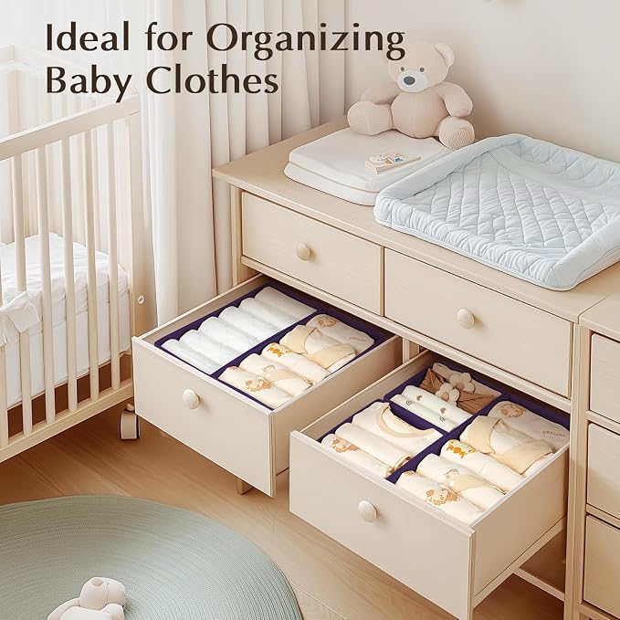 DIMJ Drawer Organizers Clothes, Set of 4 Dresser Organizer Bins, Fabric Closet Organizers and Storage, Shallow Drawer Dividers for Nursery, Clothing, Baby Clothes, Socks, Underwears, Tie (Purple)
