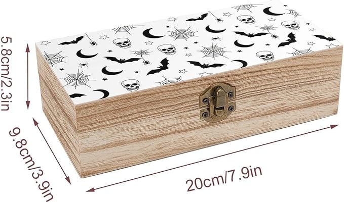 Wooden Keepsake Box for Memories Decorative Memory Boxes with Lid, Gothic | Skull Bat Spider Web Moon Art Gift Crafts Organizer, Wood Storage Container, Party Favor Decor, 9.2"x5.5"x3.9"