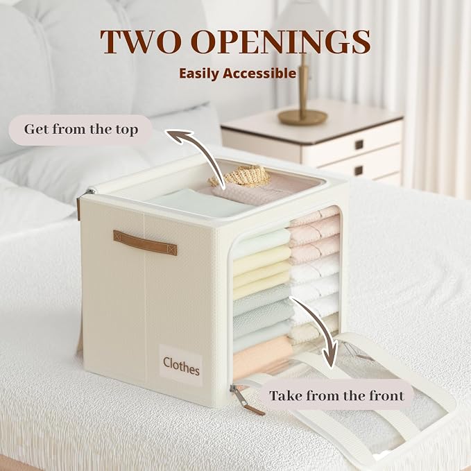Clothes Storage Bins with Metal Frame, 4-Pack foldable storage bins with Lid, Closet Organizer for Sweaters, Blankets, and Winter Clothes,24L