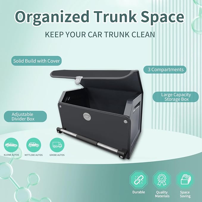 Car Trunk Organizer Leather Car Storage Organizer with Lid Car Organizer | Suv Trunk Organizer with Sturdy Handle Car Cargo Storage Box for Minivan, Sedan, Jeep (Black, 16.7 x 11.4 x 12.2in)
