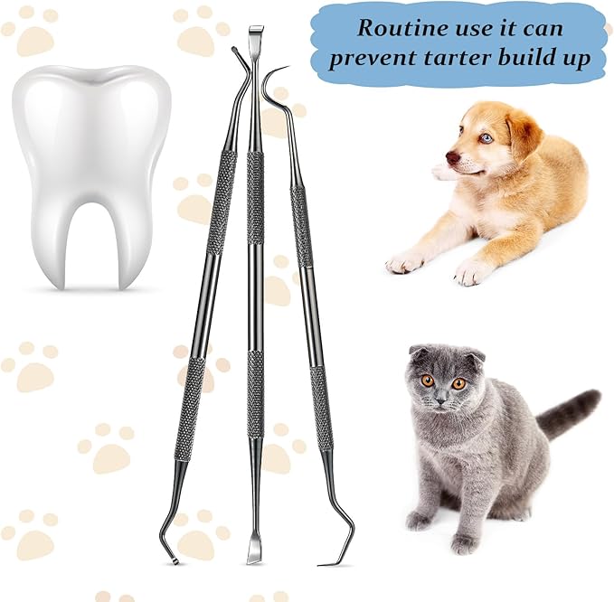 Hotop 3 Pieces Dog Dental Tooth Scaler and Scraper Stainless Double Headed Tarter Removing Tool Scraper Pet Teeth Cleaning Tools for Dog and Cat