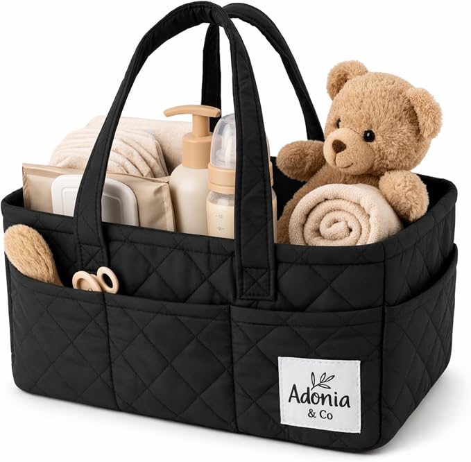 Adonia & Co Diaper Caddy Organizer – Baby Essentials Organizer, Large Nursery Storage Basket with Removable Divider, 8 Exterior Pockets, Portable, Machine Washable, Structured Design, Black