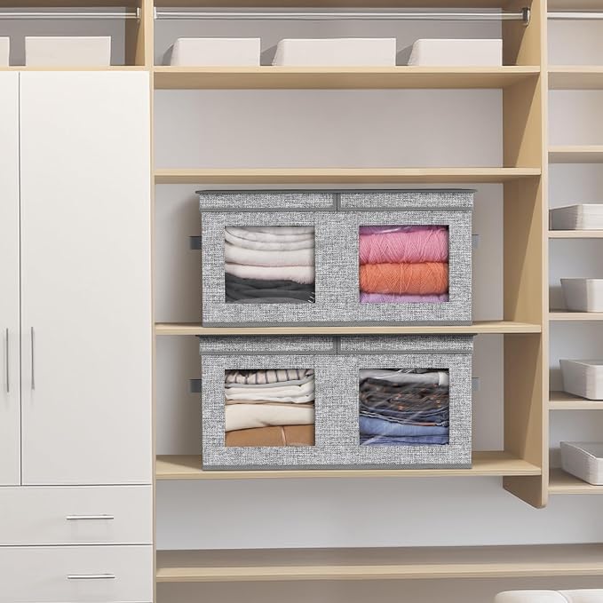 Univivi Large Fabric Storage Bins with Lids for Clothes 2 Pack, Grey | 24 x 17 x 12 In Foldable Storage Boxes with Handles, Clear Window, Closet Organizers for Home, Bedroom