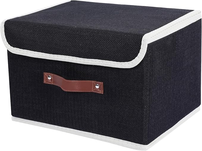 ANMINY Fabric Storage Box Bins with Lids, Black, 13"x9"x7.9" | Keepsake Memory Storage, Cotton Linen, PP Board Reinforced, Washable, PU Handles, Foldable & Stackable, Decorative, Medium