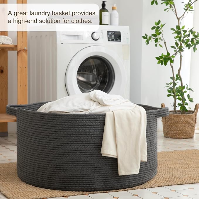 OIAHOMY 105L Extra Large Blanket Basket - Decorative Cotton Rope Storage Basket for Bedroom, Living Room & Nursery - Woven Laundry Hamper for Organizing Blankets, Clothes & Toys - Grey