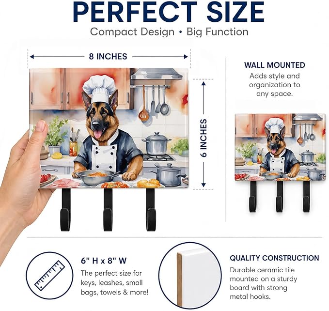 Caroline's Treasures German Shepherd The Chef Leash or Key Holder Wall Hooks, Key Hooks Holder, Coat Rack Wall Mount, Coat Hooks, Hooks for Hanging Keys, Towels, Aprons, Leashes | German Shepherd The Chef artwork on ceramic tile with three steel hooks ...