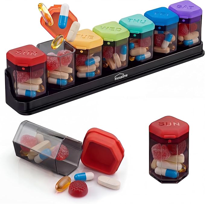 Medium-Large Weekly Pill Organizer 1 Time a Day, Multi-Colored | BPA-Free, Spill-Resistant, Detachable 1-a-Day Boxes, for Vitamins & Medication, Travel-Friendly, Velvet Pouch