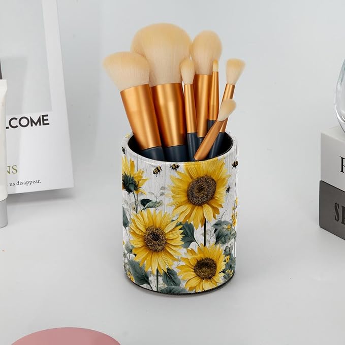 Faux Leather Pen Holder for Desk, Pencil Organizer Retro Wooden Board Sunflowers Pen Cup Desk Decor Makeup Brush Holder Storage for Office Home