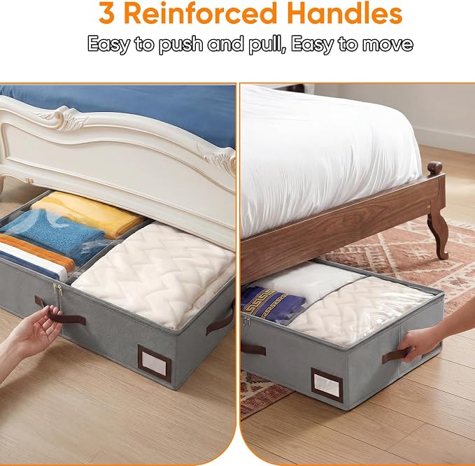 OIAHOMY 2 Pack 38L Under Bed Storage with Adjustable Dividers, 6" Low Profile Underbed Storage Bins for Comforters & Clothes, Save Closet Space with Clear View Lid & Reinforced Handles, Grey
