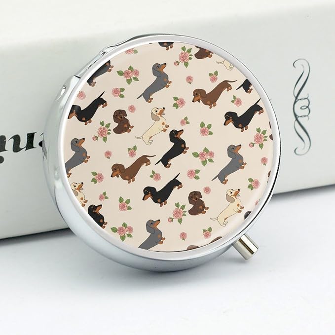 Travel Pill Box, Cute Dachshund Floral Round Portable Organizer, Small Case with Mirror, Pocket Purse Dispenser for Vitamins