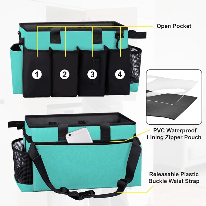 Wearable Large Cleaning Caddy Bag for Housekeepers (Lakeblue) | Cleaning Supplies Organizer with Adjustable Shoulder, Waist & Handle Straps, Detailing Bag for Kitchen Supplies