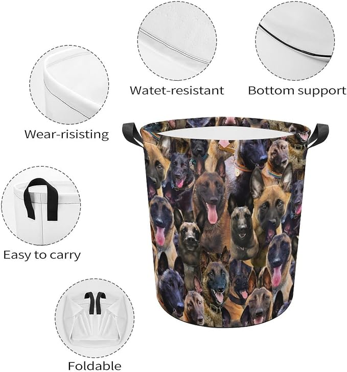Belgium Malinois Print Laundry Basket, Pet Dog Printed Laundry Hamper, Waterproof Foldable Storage Basket Dirty Clothes Storage Bin for Books Pets Bathroom, Belgium Malinois Lover Gifts