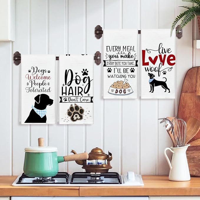 Dogs Welcome People Tolerated Kitchen Towels and Dishcloths Set of 4, Funny Decorative Hand Towel Drying Cloth for Bathroom, Gifts for Dog Lovers, Hostess, Women, 16x24 Inches -09