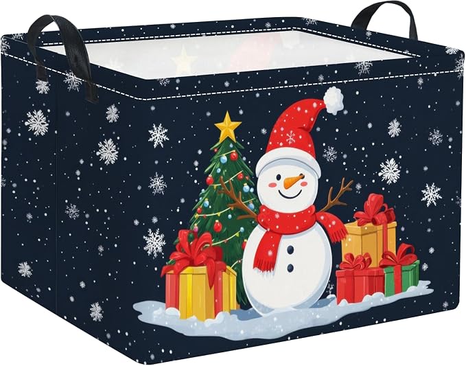 Rectangular Christmas Basket Trick or Treat Spooky Boo Basket with Handles for Women Girls Cute Storage Bin Organizer(Snowman)