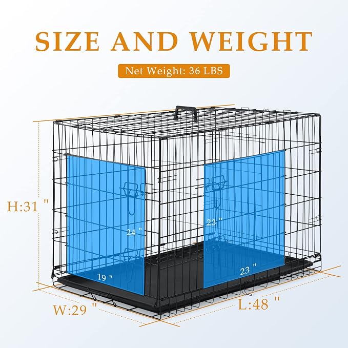 Dopinmin Pet Dog Crate with Divider, 48 Inch Dog Crate Cage Indoor Black | Double Door Folding Metal Dog Kennel Large Dog Crate with Divider Plastic Pan, Basic Pet Crates for Medium Large Breed Dog