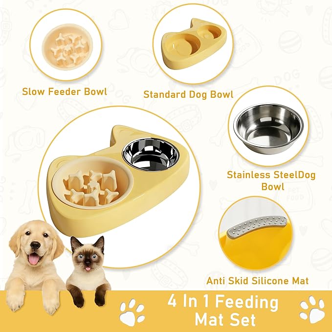 4 in 1 Slow Feeder Dog Bowls, Anti-Choking Dog Bowl Set with Non-Slip Silicone Mat, Slow Feeder Bowl, Stainless Steel Water Bowl, Standard Bowl for Small Medium Dogs Cats Puppies