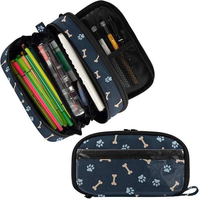 Pet Paw Black print Large Capacity Pencil Case with Zipper Water Resistant Portable Organizer Pen Bag for Students School Office