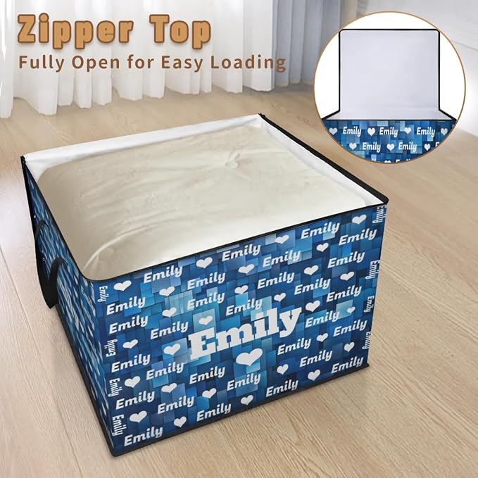 Personalized Storage Bags with Lid Large Blanket Clothes Blue Geometric Pattern Love Hearts Organization and Storage Containers for Comforters,Bedding, Foldable Organizer with Reinforced Handle