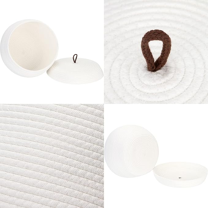 Sea Team Round Woven Cotton Rope Storage Basket with Lid, White | Lidded Knitted Decorative Storage Bin, Pot, Caddy, Organizer, Container for Snacks, Towels, Plants, 13 x 9 Inches