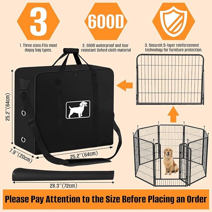 Dog Playpen Storage Bag Fits 24" H 8 Panels and 9 Stakes,600D Oxford Fabric | Dog Fence Travel Bag for Foldable Exercise Pet Playpen, with Shoulder, Waterproof Tear Resistant, Designed for RV Trips